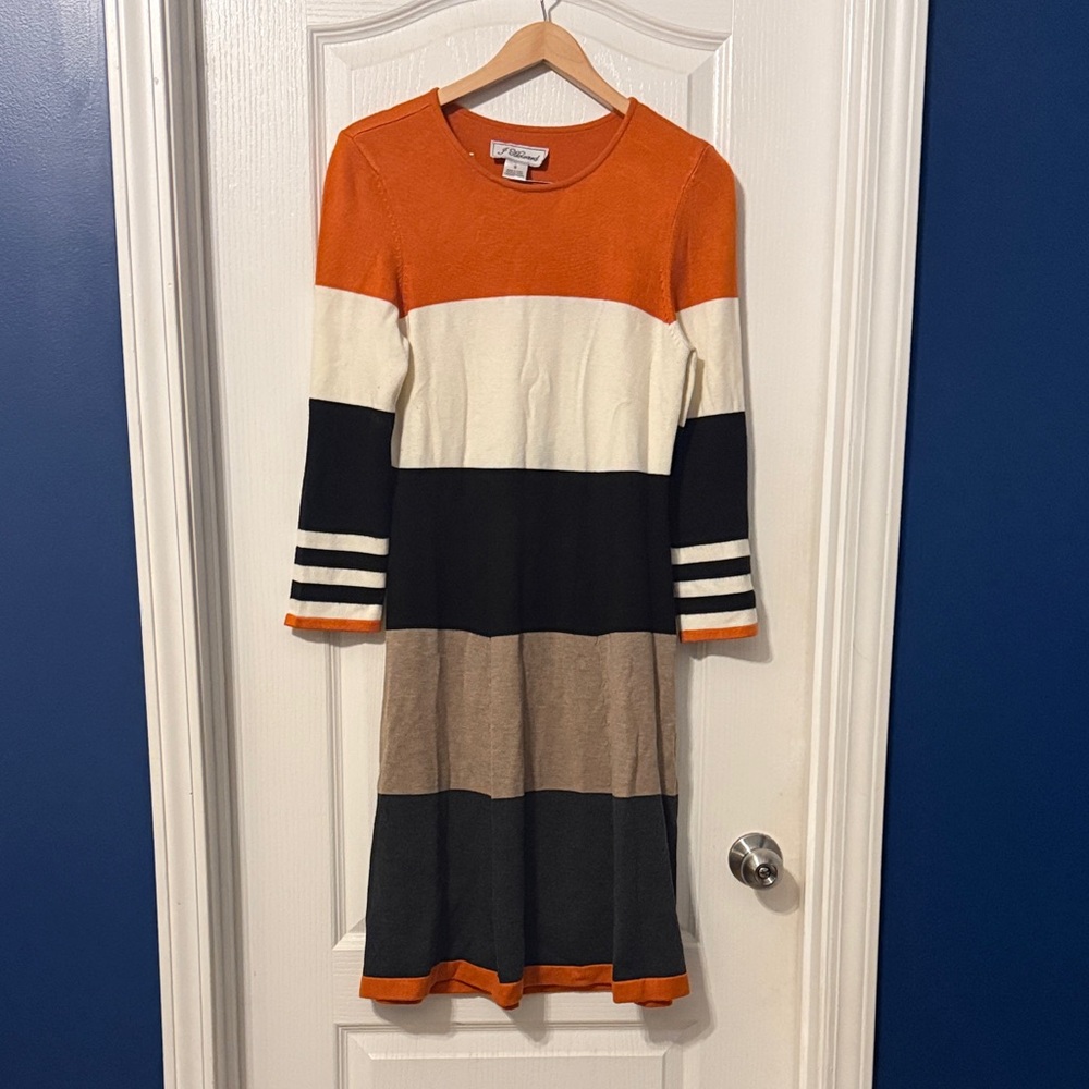 Elegant Colorblock Midi Dress - Orange, Black, Cream, Tan